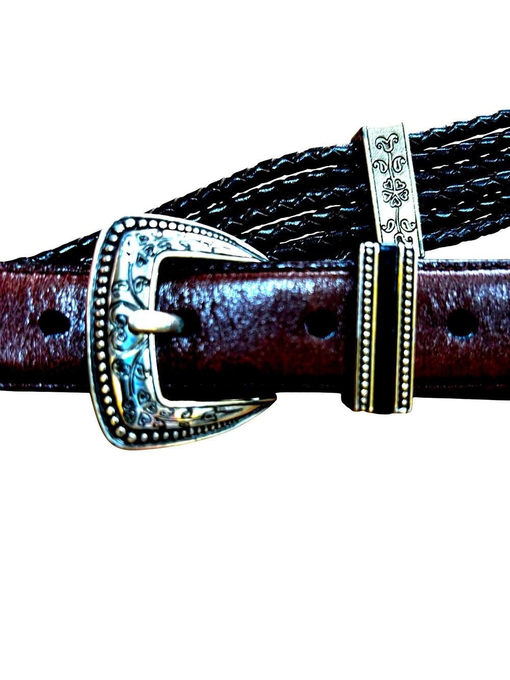Vintage Brighton ladies dark brown braided leather belt M/L 32 silver hardware